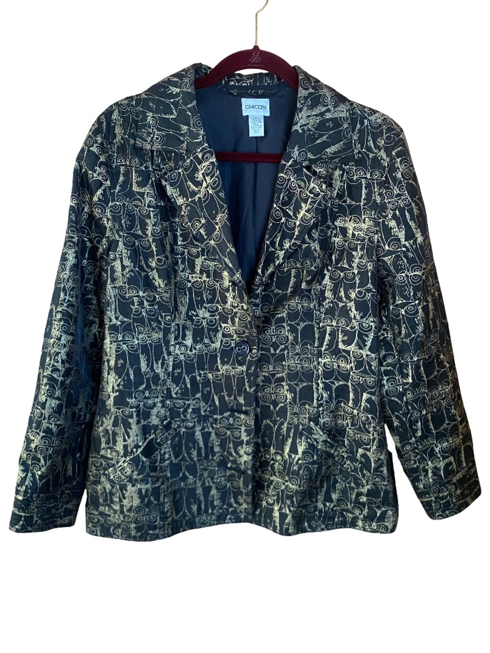 Chico’s gold metallic owl print black abstract art deco blazer size 2 large